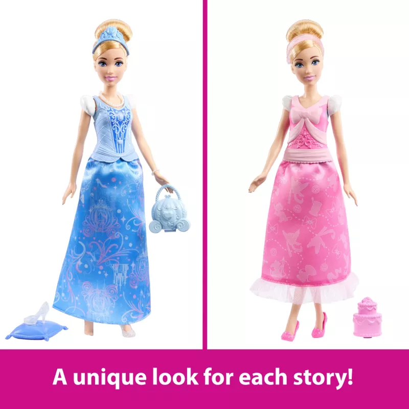 Disney Princess 2-in-1-Geschichten Cinderella Modepuppe mit 2 aufsteckbaren Oberteilen, 2 Röcken & 9 Accessoires