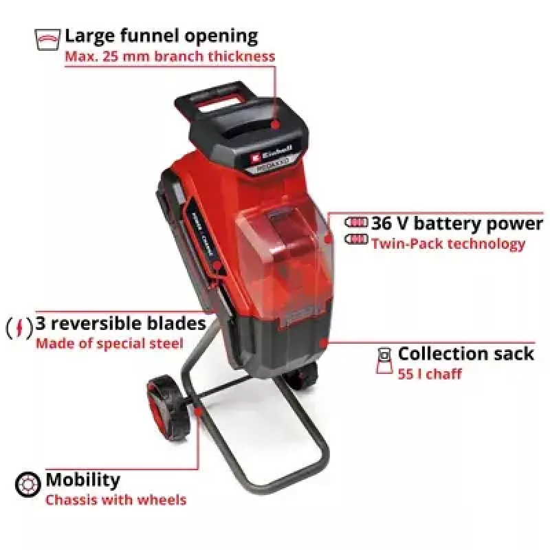 Einhell REDAXXO 36/25 Akku-Messerhäcksler für den Garten, 36 V (2x18 V), max. Aststärke 25 mm, Solo ohne Akku und Ladegerät, rot/schwarz