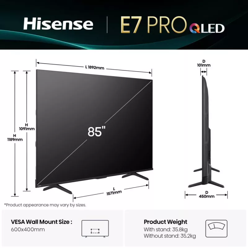 Hisense 85E77Q PRO 2,16 m (85 Zoll) QLED 4K Ultra HD Smart-TV, 144 Hz, WLAN, Triple-Tuner, USB-Aufnahme, Schwarz