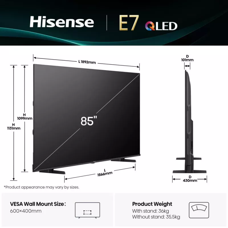 Hisense 85E77Q QLED Smart-TV 85 Zoll (215 cm), 4K Ultra HD, WLAN, Triple-Tuner, Schwarz