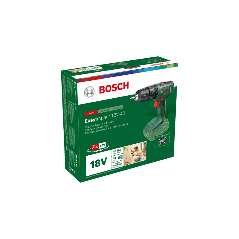 Bosch EasyImpact 18V-40 06039D8100 Akku-Schlagbohrschrauber, 1630 U/min, 24450 Schläge/min, Schnellspann-Bohrfutter, ohne Akku und Ladegerät, Grün/Schwarz