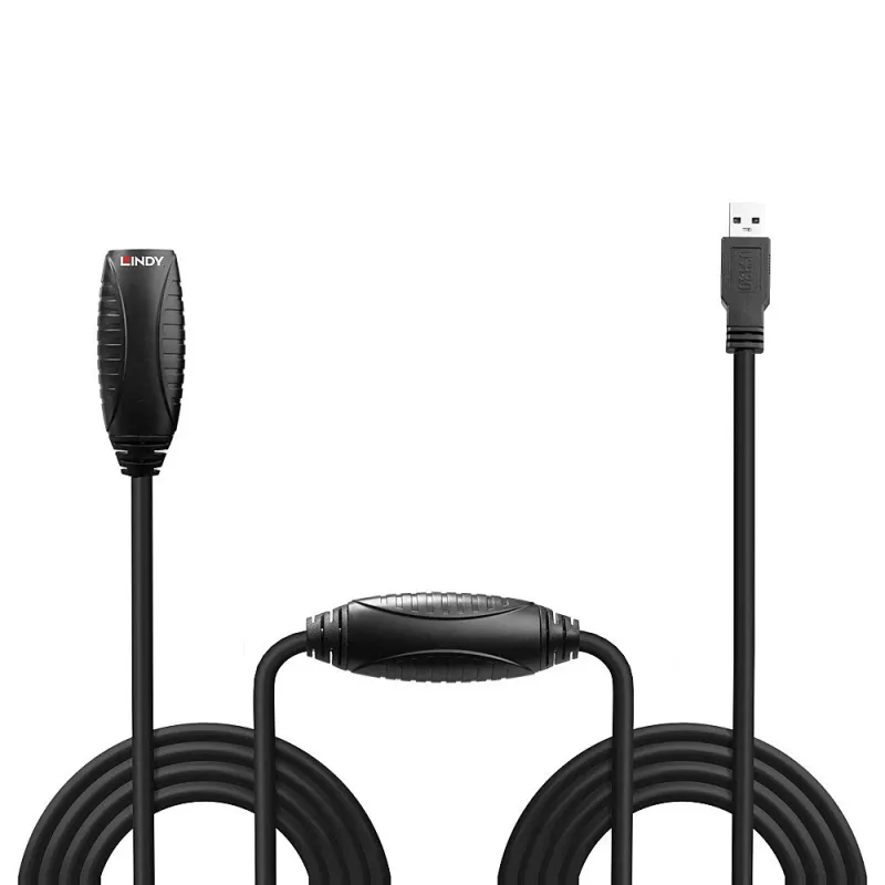 Lindy 43156 USB-3.0-Aktivverlängerungskabel, USB-A-Stecker auf USB-A-Buchse, 10 m, USB 3.2 Gen 1, 5 Gbit/s, schwarz