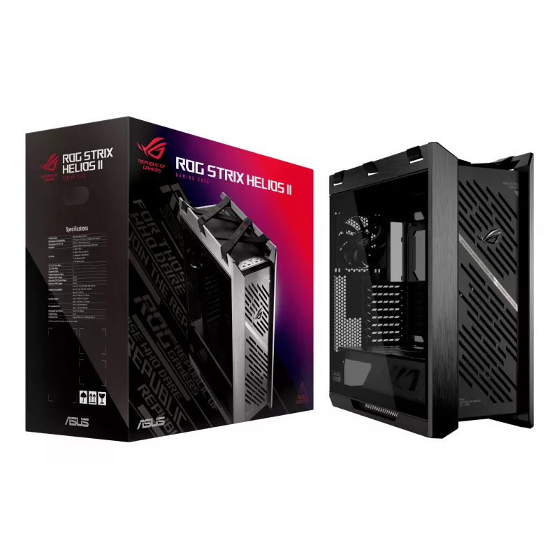 ASUS ROG Strix Helios II GX601S PC-Gehäuse, Midi-Tower, E-ATX, gehärtetes Glas, Aura Sync RGB, 4x 140-mm-Lüfter, USB-C, Schwarz