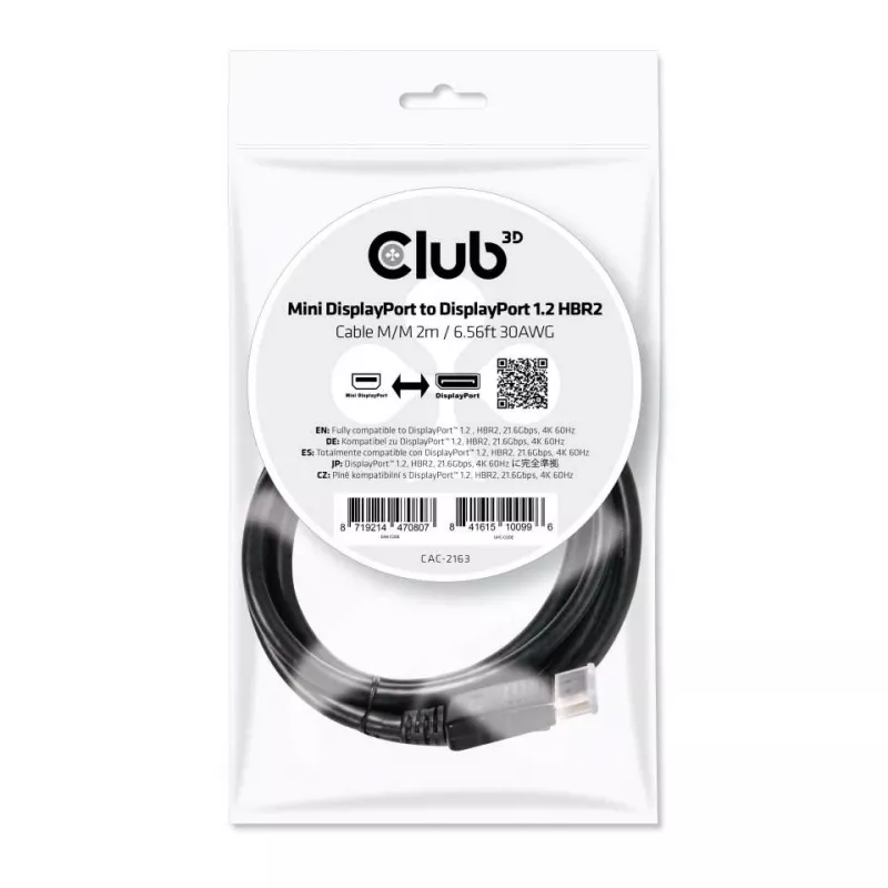 Club 3D CAC-2163 Mini-DisplayPort-auf-DisplayPort-1.2-HBR2-Kabel, Stecker/Stecker, 2 m (6,56 ft), 4K60Hz