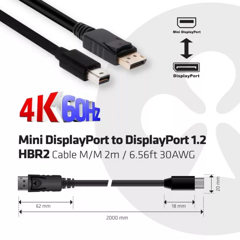 Club 3D CAC-2163 Mini-DisplayPort-auf-DisplayPort-1.2-HBR2-Kabel, Stecker/Stecker, 2 m (6,56 ft), 4K60Hz