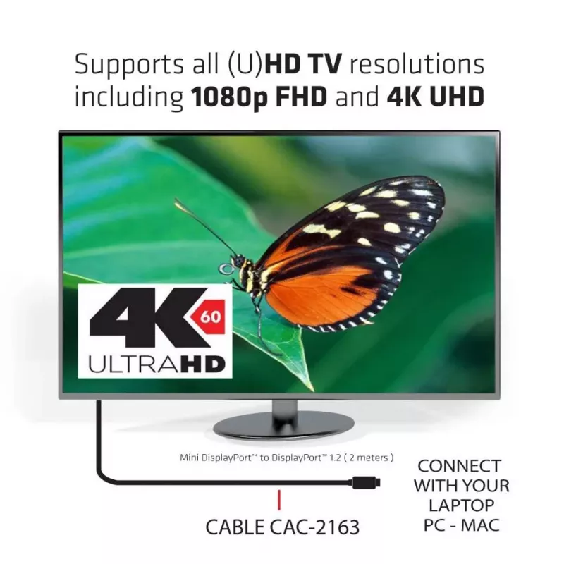 Club 3D CAC-2163 Mini-DisplayPort-auf-DisplayPort-1.2-HBR2-Kabel, Stecker/Stecker, 2 m (6,56 ft), 4K60Hz