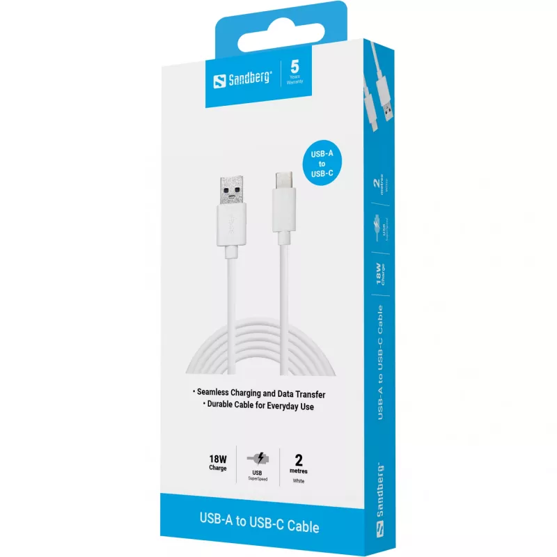 Sandberg 136-14 USB-C 3.1 auf USB-A 3.0 Kabel, 2 m, Stecker/Stecker, Weiß