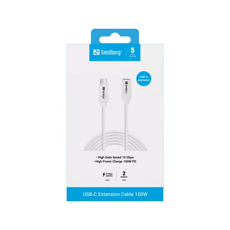 Sandberg 136-55 USB-C-Verlängerungskabel, Stecker auf Buchse, 100 W, 10 Gbit/s, 2 m, Weiß