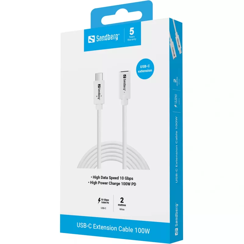 Sandberg 136-55 USB-C-Verlängerungskabel, Stecker auf Buchse, 100 W, 10 Gbit/s, 2 m, Weiß