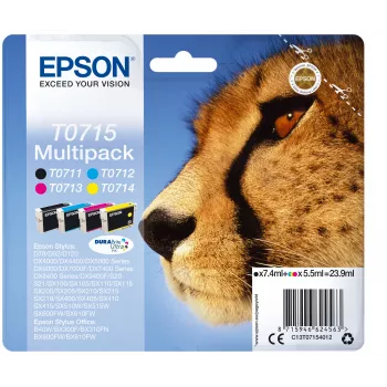 Epson Multipack 4-Farben T0715 DURABrite Ultra Tinte, Schwarz, Cyan, Magenta, Gelb, 7,4 ml, 5,5 ml, 1 Stk., Mehrfachpackung