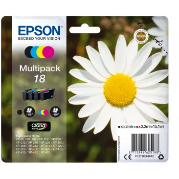 Epson Daisy Multipack 4-Farben 18 Claria Home Ink, Schwarz, Cyan, Magenta, Gelb, 5,2 ml, 3,3 ml, 1 St., 175 Seiten, Multipack