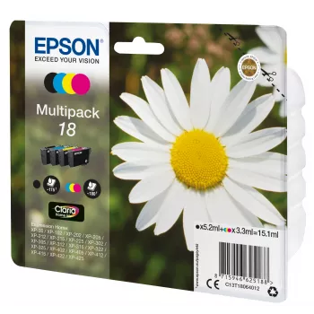Epson Daisy Multipack 4-Farben 18 Claria Home Ink, Schwarz, Cyan, Magenta, Gelb, 5,2 ml, 3,3 ml, 1 St., 175 Seiten, Multipack
