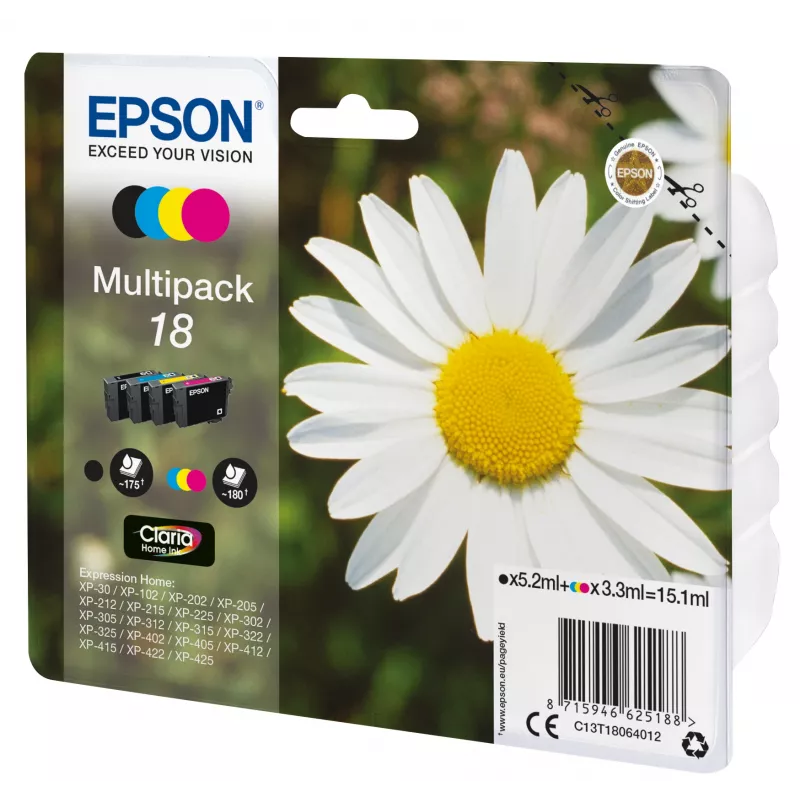 Epson 18 C13T18064022 Claria Home Ink Tintenpatronen-Multipack, 4er-Pack, 15,1 ml, Schwarz/Cyan/Magenta/Gelb