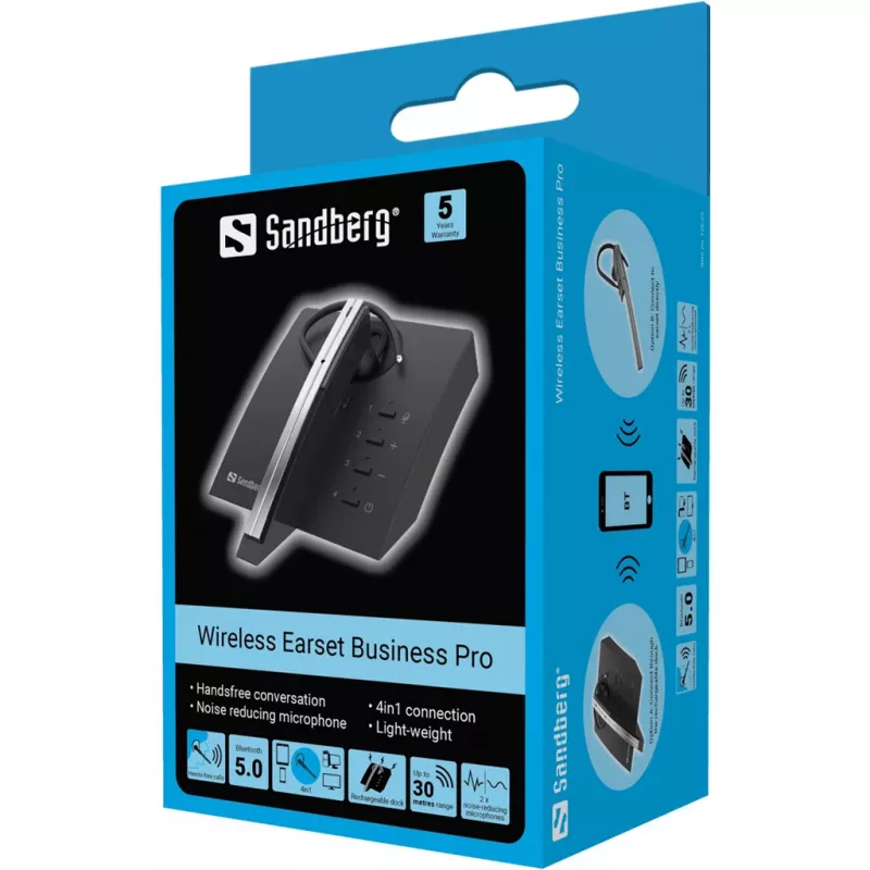 Sandberg 126-25 Bluetooth Earset Business Pro, einseitiges Ohrbügel-Headset, Bluetooth 5.0, 20–20000 Hz, schwarz/grau