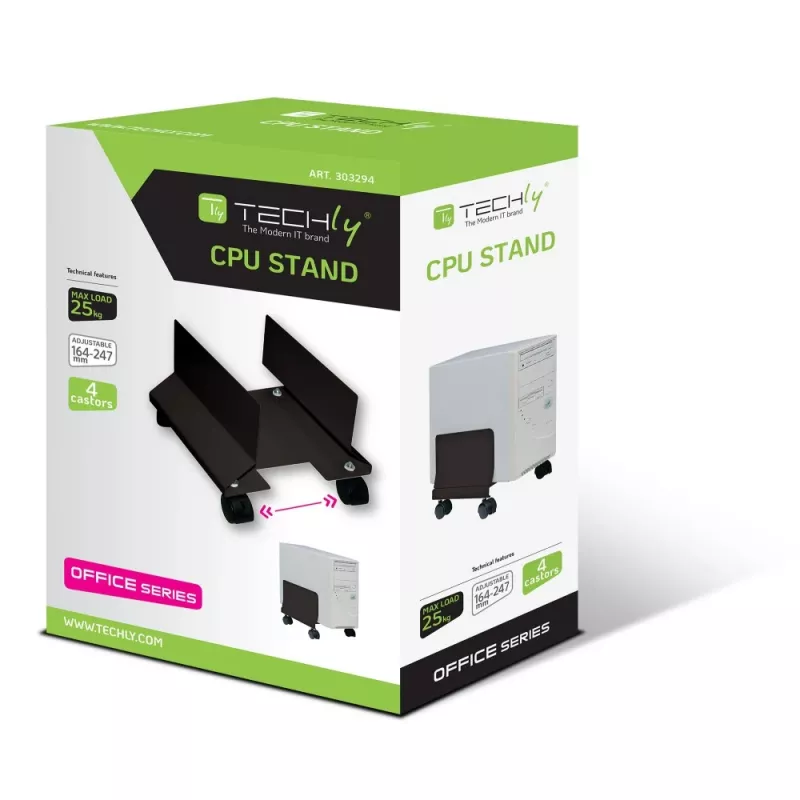 Techly ICA-CS 34 CPU-/PC-Halterung mit Rollen, verstellbar, Metall, Schwarz