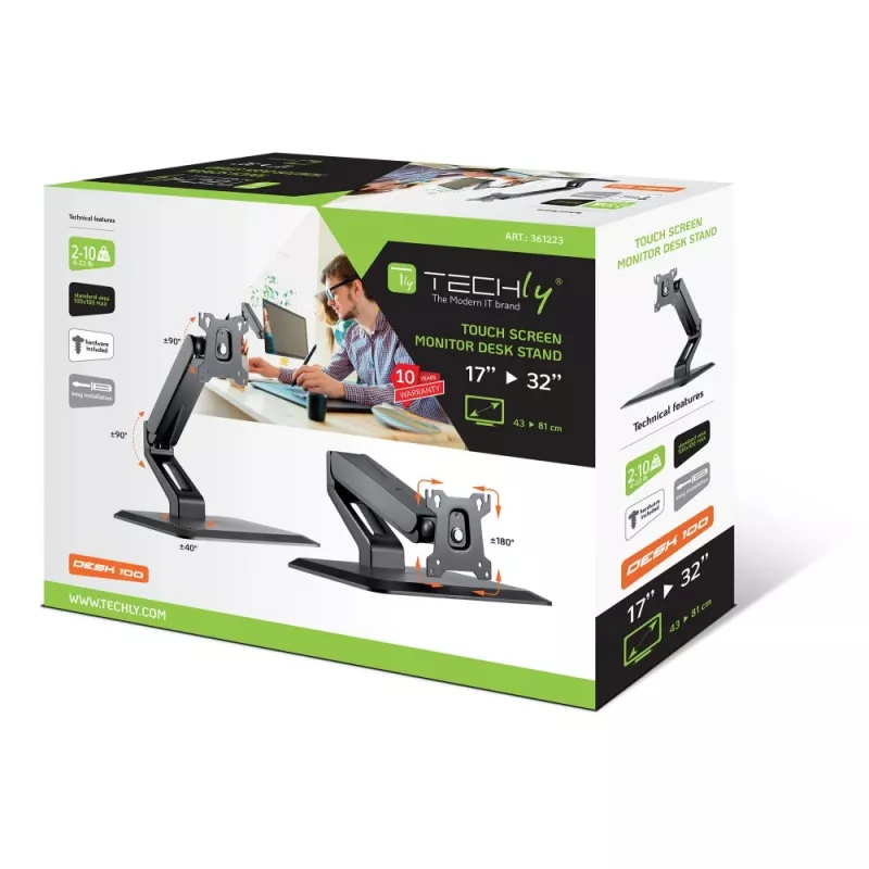 Techly ICA-LCD 35TS Tischständer für Touchscreen-Monitore, 17–32 Zoll, bis 10 kg, VESA 75x75/100x100, Gasfeder, Schwarz