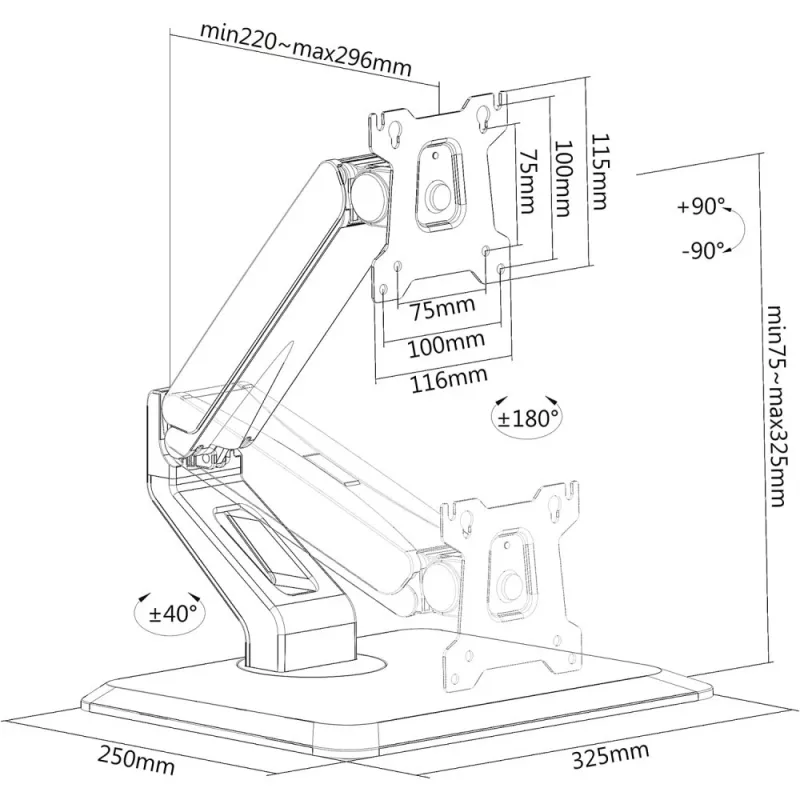 Techly ICA-LCD 35TS Tischständer für Touchscreen-Monitore, 17–32 Zoll, bis 10 kg, VESA 75x75/100x100, Gasfeder, Schwarz