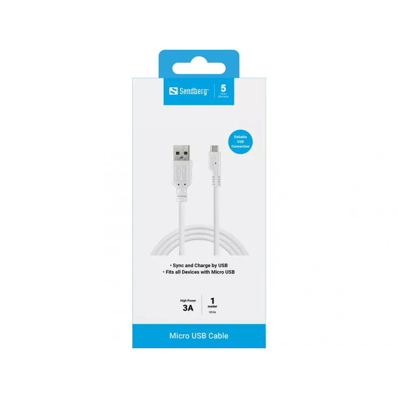 Sandberg USB-A-auf-Micro-USB-Ladekabel 1m, 1 m, USB A, Micro-USB B, USB 2.0, Stecker/Stecker, Weiß