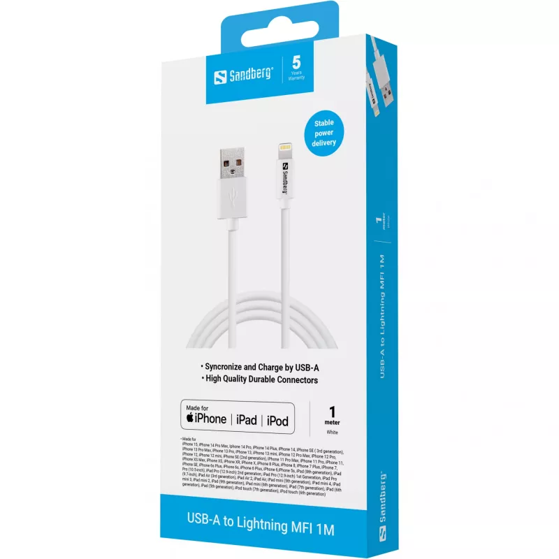 Sandberg USB-A auf Lightning MFI 1M, 1 m, Lightning, USB A, Weiß, Gerade, Gerade