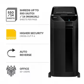 Fellowes Aktenvernichter 550 Blatt automatische Zufuhr Kreuzschnitt AutoMax 550C mit 83-Liter-Auffangbehälter hohe Sicherheit P4