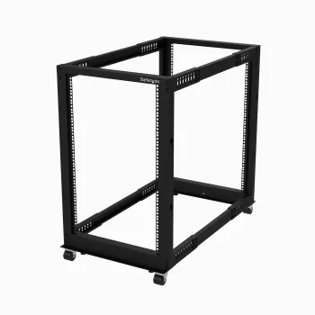 StarTech.com 4-Post 18U Mobiles Open-Frame-Serverrack, Vier-Pfosten 19 Zoll Netzwerkrack mit Rollen, Rollbares Rack mit einstellbarer Tiefe für Computer/AV/Daten/IT-Ausrüstung – Rollen, Nivellierfüße oder Bodenmontage