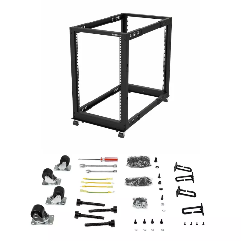 StarTech.com 4-Post 18U Mobiles Open-Frame-Serverrack, Vier-Pfosten 19 Zoll Netzwerkrack mit Rollen, Rollbares Rack mit einstellbarer Tiefe für Computer/AV/Daten/IT-Ausrüstung – Rollen, Nivellierfüße oder Bodenmontage