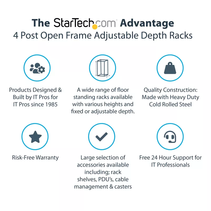 StarTech.com 4-Post 18U Mobiles Open-Frame-Serverrack, Vier-Pfosten 19 Zoll Netzwerkrack mit Rollen, Rollbares Rack mit einstellbarer Tiefe für Computer/AV/Daten/IT-Ausrüstung – Rollen, Nivellierfüße oder Bodenmontage