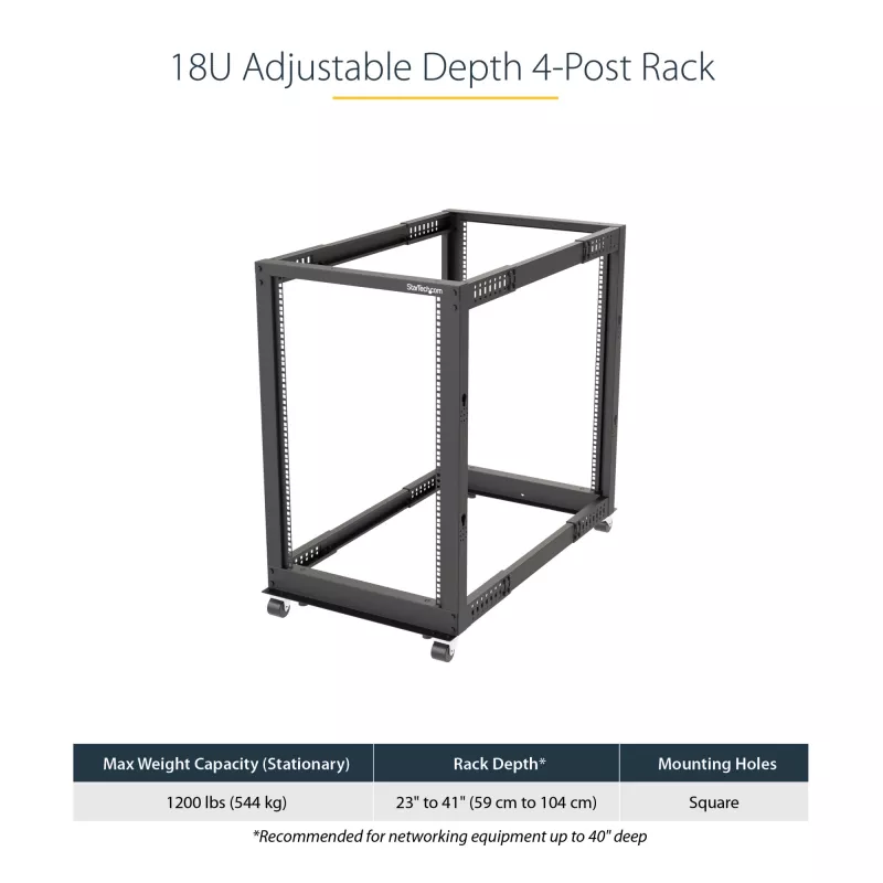 StarTech.com 4-Post 18U Mobiles Open-Frame-Serverrack, Vier-Pfosten 19 Zoll Netzwerkrack mit Rollen, Rollbares Rack mit einstellbarer Tiefe für Computer/AV/Daten/IT-Ausrüstung – Rollen, Nivellierfüße oder Bodenmontage