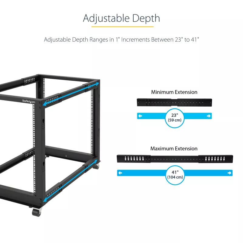 StarTech.com 4-Post 18U Mobiles Open-Frame-Serverrack, Vier-Pfosten 19 Zoll Netzwerkrack mit Rollen, Rollbares Rack mit einstellbarer Tiefe für Computer/AV/Daten/IT-Ausrüstung – Rollen, Nivellierfüße oder Bodenmontage