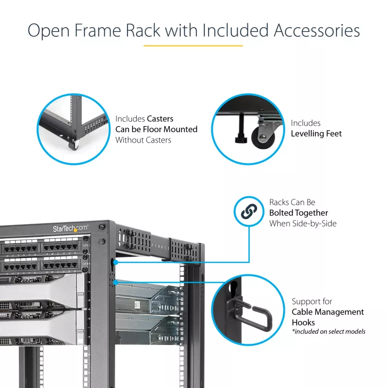 StarTech.com 4-Post 18U Mobiles Open-Frame-Serverrack, Vier-Pfosten 19 Zoll Netzwerkrack mit Rollen, Rollbares Rack mit einstellbarer Tiefe für Computer/AV/Daten/IT-Ausrüstung – Rollen, Nivellierfüße oder Bodenmontage