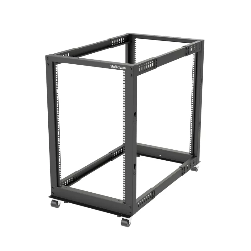 StarTech.com 4-Post 18U Mobiles Open-Frame-Serverrack, Vier-Pfosten 19 Zoll Netzwerkrack mit Rollen, Rollbares Rack mit einstellbarer Tiefe für Computer/AV/Daten/IT-Ausrüstung – Rollen, Nivellierfüße oder Bodenmontage