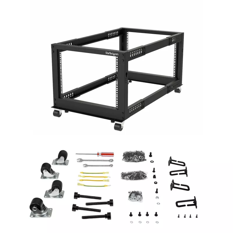 StarTech.com 4POSTRACK8U 8HE 4-Pfosten-Serverrack mit offenem Rahmen, 19 Zoll, Tiefe einstellbar 22-40 Zoll (56-102 cm), Tragfähigkeit 544 kg (1200 lb), Schwarz