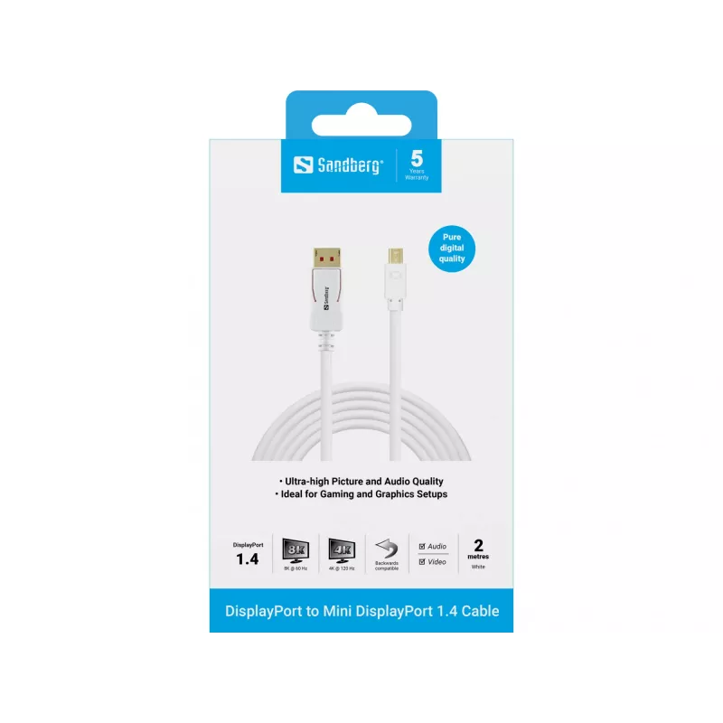 Sandberg 509-17 DisplayPort-auf-Mini-DisplayPort-Kabel, DP 1.4, 8K 60 Hz (7680 x 4320), 2 m, Stecker/Stecker