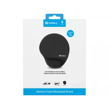 Sandberg Memory Foam Mauspad Rund, Schwarz, Einfarbig, Memory-Schaum, Handgelenkauflage, Rutschfeste Unterseite