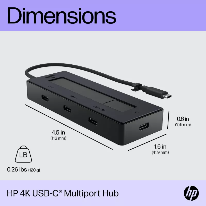 HP 4K USB-C Multiport Hub, USB Type-C, USB 3.2 Gen 2 (3.1 Gen 2) Type-C, 10000 Mbit/s, Schwarz, 4K Ultra HD, China