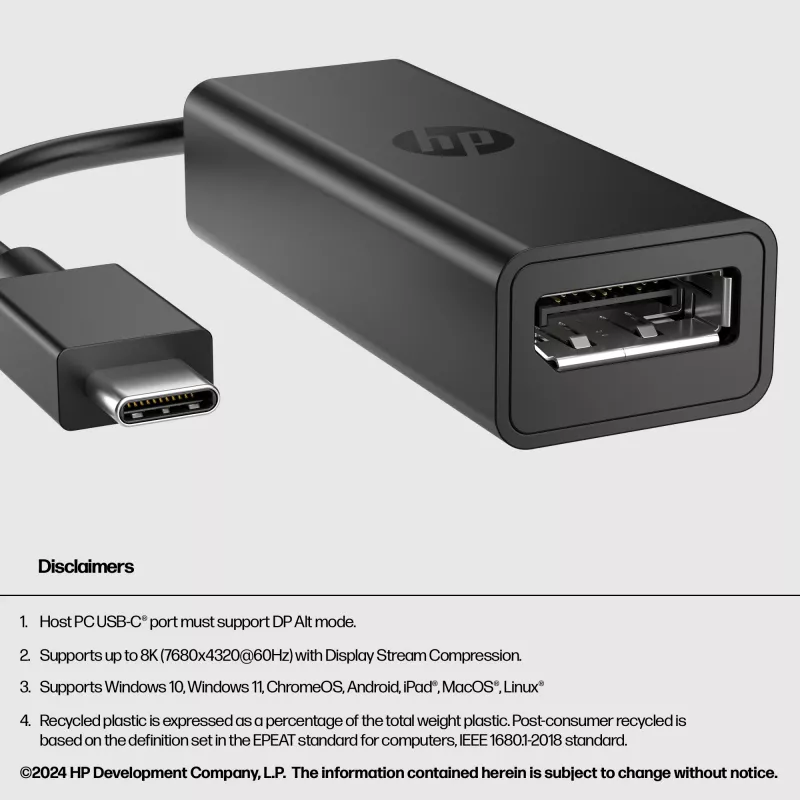 HP 8Y8Y1AA USB-C-auf-DisplayPort-Adapter G2, 8K (7680 x 4320), Schwarz