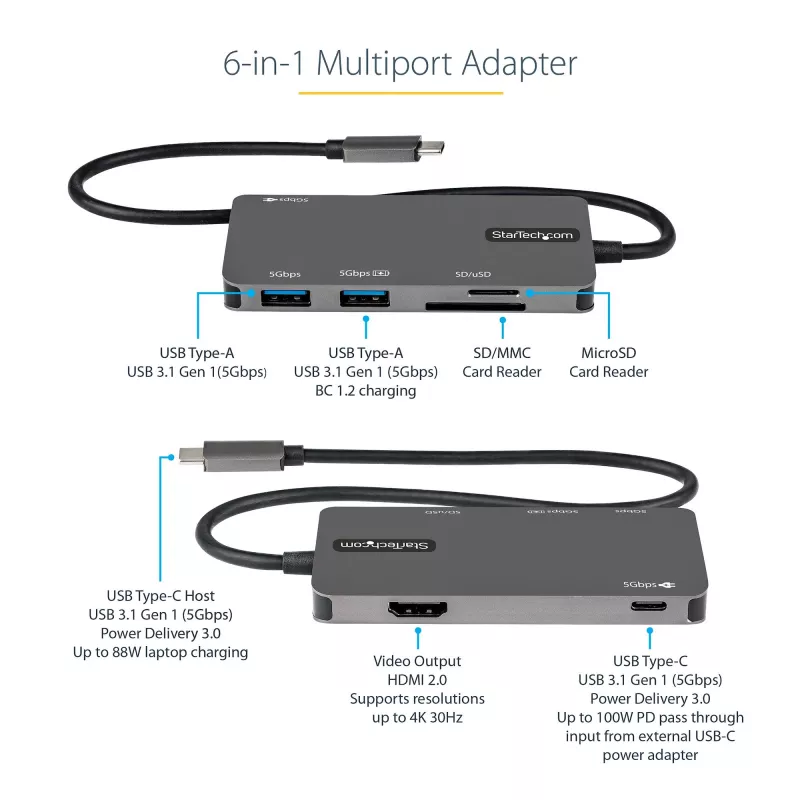 StarTech.com DKT30CHSDPD USB-C-Multiport-Adapter Mini-Dock, 4K-HDMI, 100 W PD Pass-Through, SD-/microSD-Steckplatz, 3-Port-USB-3.0-Hub, 30 cm fest angeschlossenes Kabel