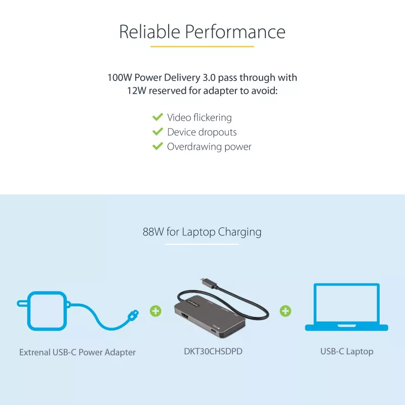 StarTech.com DKT30CHSDPD USB-C-Multiport-Adapter Mini-Dock, 4K-HDMI, 100 W PD Pass-Through, SD-/microSD-Steckplatz, 3-Port-USB-3.0-Hub, 30 cm fest angeschlossenes Kabel
