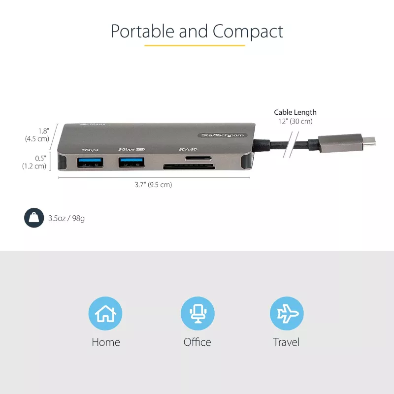 StarTech.com DKT30CHSDPD USB-C-Multiport-Adapter Mini-Dock, 4K-HDMI, 100 W PD Pass-Through, SD-/microSD-Steckplatz, 3-Port-USB-3.0-Hub, 30 cm fest angeschlossenes Kabel