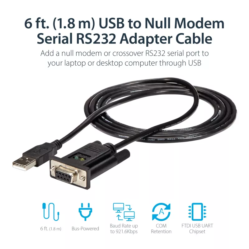 StarTech.com ICUSB232FTN 1-Port-USB-auf-Nullmodem-RS232-DB9-Seriell-DCE-Adapterkabel, FTDI, USB 2.0, schwarz