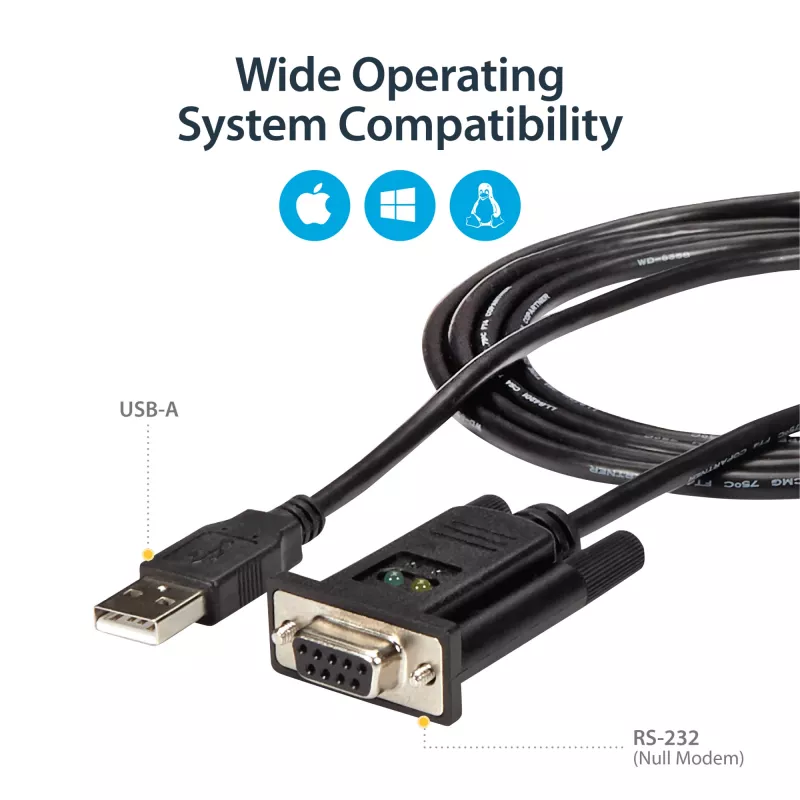 StarTech.com ICUSB232FTN 1-Port-USB-auf-Nullmodem-RS232-DB9-Seriell-DCE-Adapterkabel, FTDI, USB 2.0, schwarz