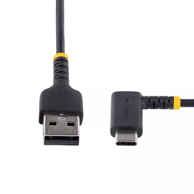 StarTech.com 1ft (30cm) USB-A-auf-C-Ladekabel, gewinkelt – Robustes Schnelllade-USB-C-Kabel – Schwarz USB 2.0 A auf Type-C – Robustes Aramidfaser – 3A – USB-Ladekabel