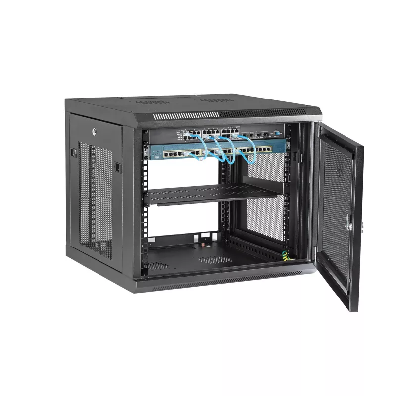 StarTech.com 4-Post 9U Wandmontage-Netzwerkschrank mit 1U Ablage, 19 Zoll wandmontiertes Server-Rack für Daten-/AV-/Elektronik-/Computergeräte, kleines belüftetes Rackgehäuse