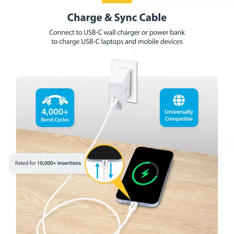 StarTech.com 1m (3.3ft) Weißes USB-C-Ladekabel, USB-C-Kabel, USB 2.0 Typ-C Laptop-Ladekabel, 60W 3A Power Delivery, TPE-Mantel, USB-C-Datenübertragungskabel, M/M