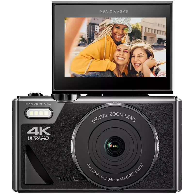 Easypix V64 Flip 20203 Kompakte Digitalkamera, 64 MP, 4K Video, 3 Zoll Klappdisplay, 18x Digitalzoom, WiFi