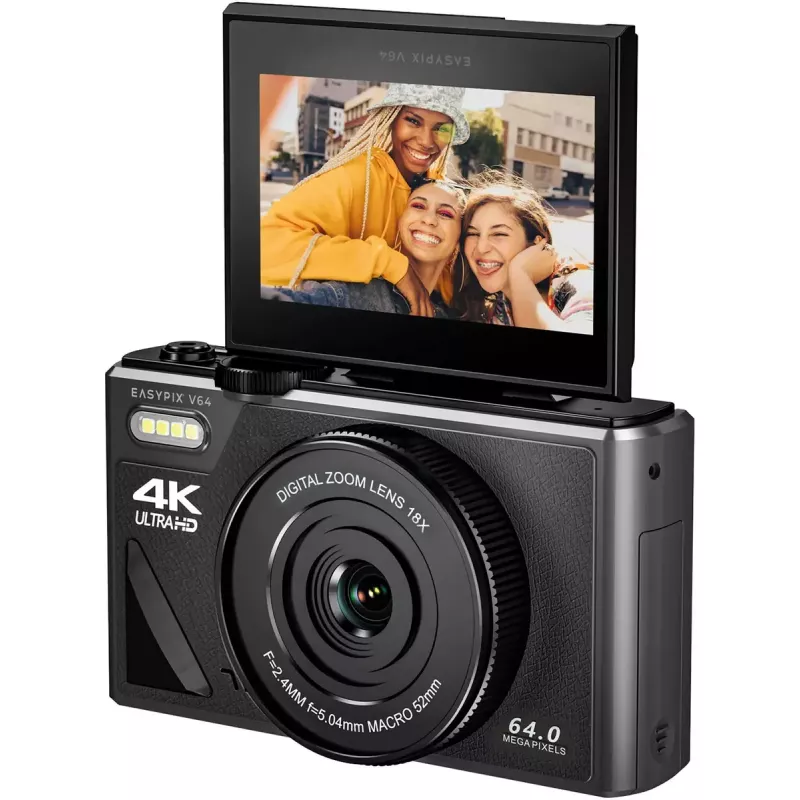 Easypix V64 Flip 20203 Kompakte Digitalkamera, 64 MP, 4K Video, 3 Zoll Klappdisplay, 18x Digitalzoom, WiFi