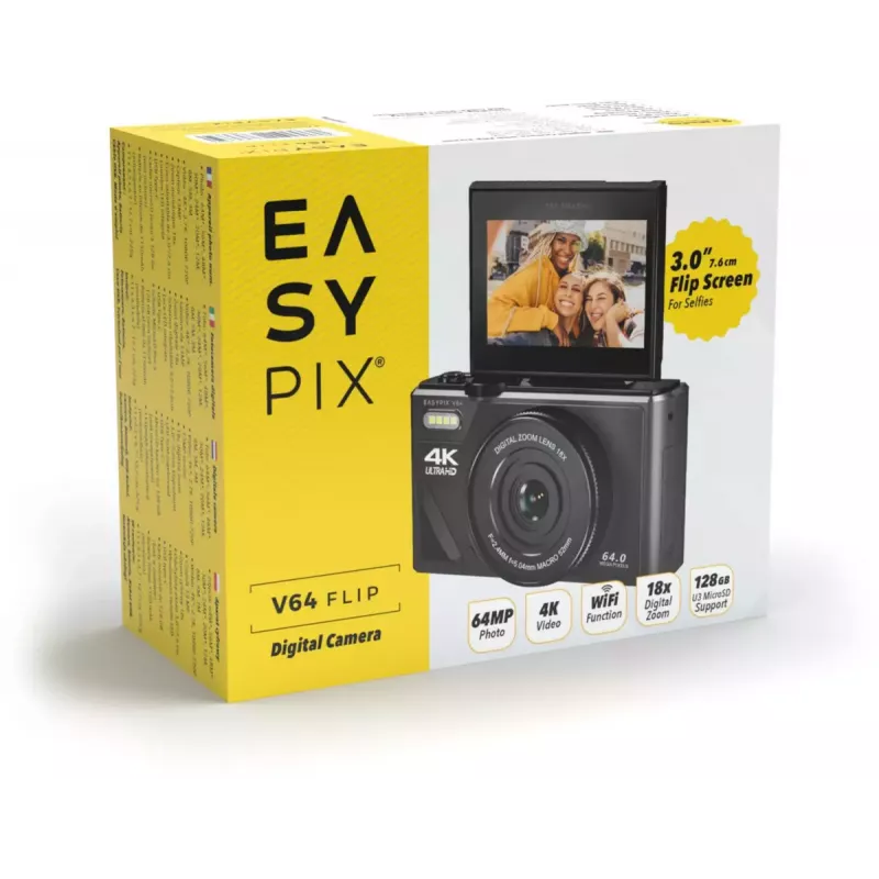 Easypix V64 Flip 20203 Kompakte Digitalkamera, 64 MP, 4K Video, 3 Zoll Klappdisplay, 18x Digitalzoom, WiFi
