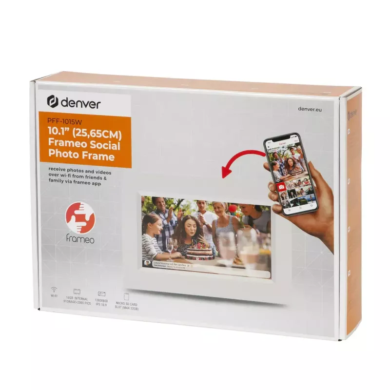 Denver Frameo PFF-1015W Digitaler Bilderrahmen, 10,1 Zoll (25,4 cm), Touchscreen, WLAN, 16 GB, Weiß