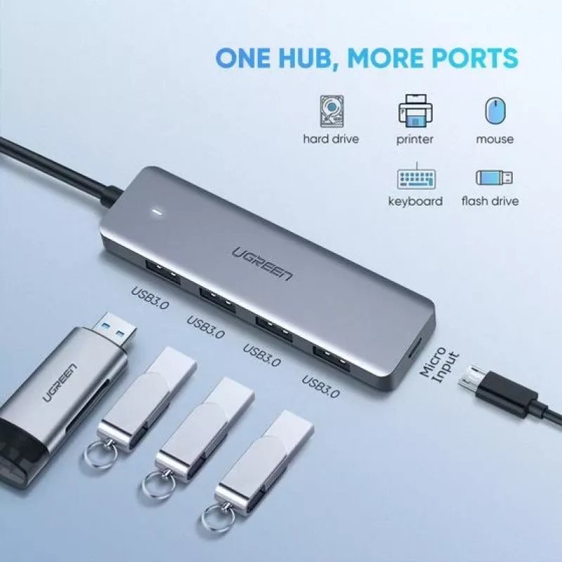 UGREEN 70336 (CM219) USB-C-auf-4x-USB-3.0-Hub, 5 Gbit/s, OTG, USB-C-Stromanschluss, 15 cm Kabel, Grau