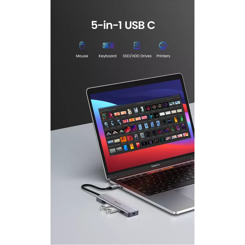 UGREEN 70336 (CM219) USB-C-auf-4x-USB-3.0-Hub, 5 Gbit/s, OTG, USB-C-Stromanschluss, 15 cm Kabel, Grau
